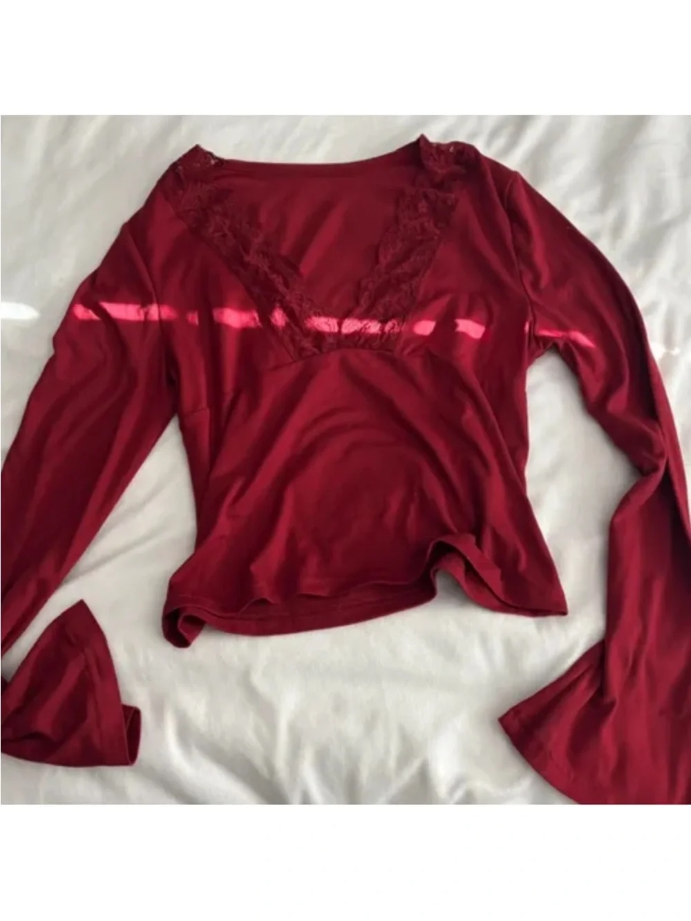 Bell sleeve Red Lace Trim Long Sleeve Tee